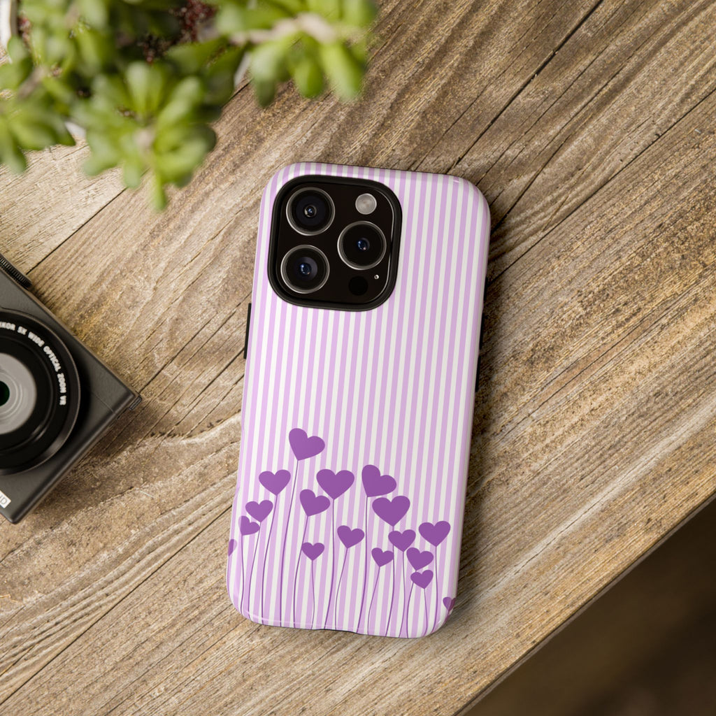 Galentines Day Striped hearts phone case, Purple Heart Floral Stripe Iphone case | Tough Cases - Iphone, Samsung and Pixel Mobile cases