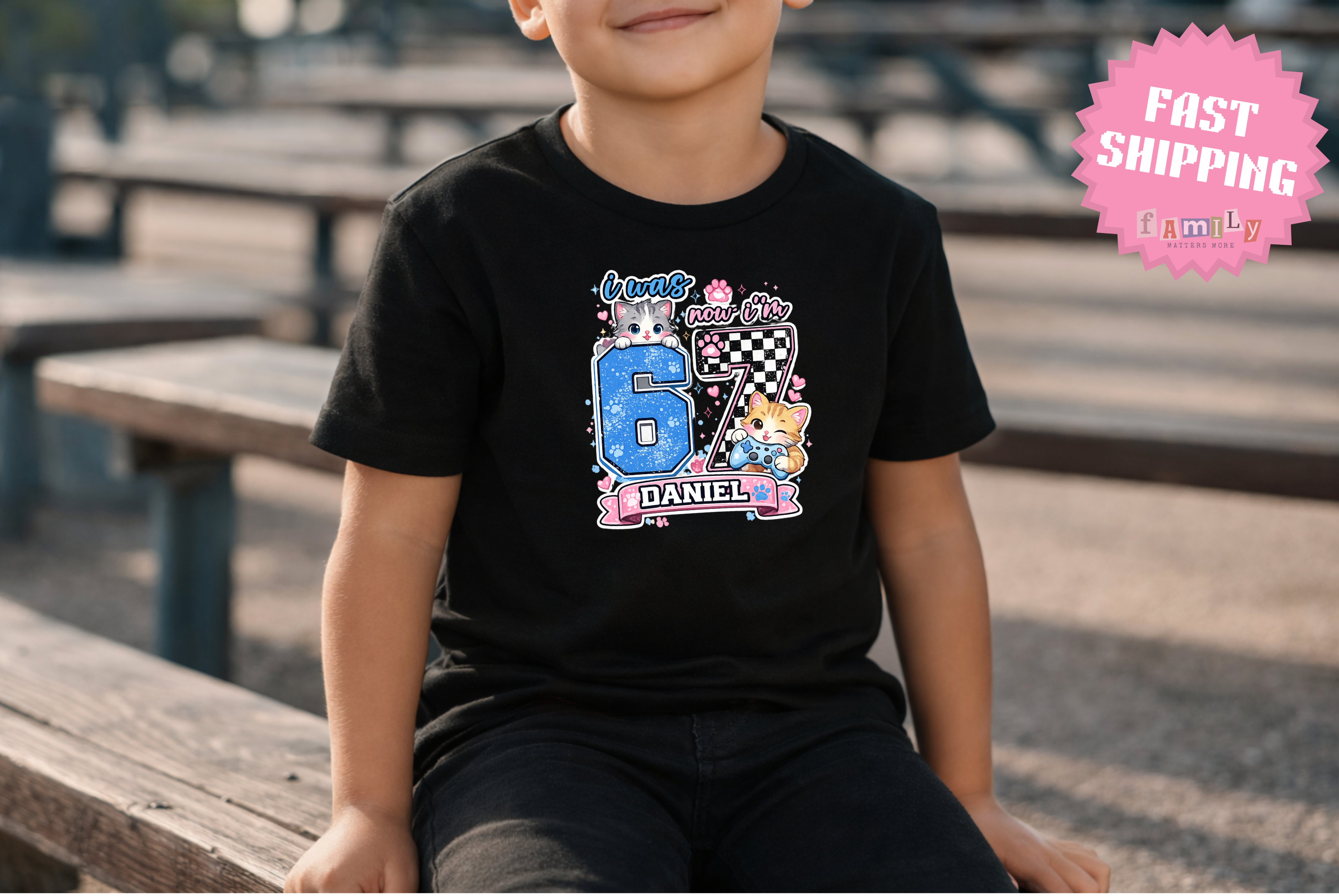 Personalized Funny 7th Birthday Kid Name Shirt, I Was 6 Now I’m 7 Kids Tee, 67 Shirt, 6 7 Birthday Boy, Gift For Cat Lovers, Six Seven Tee