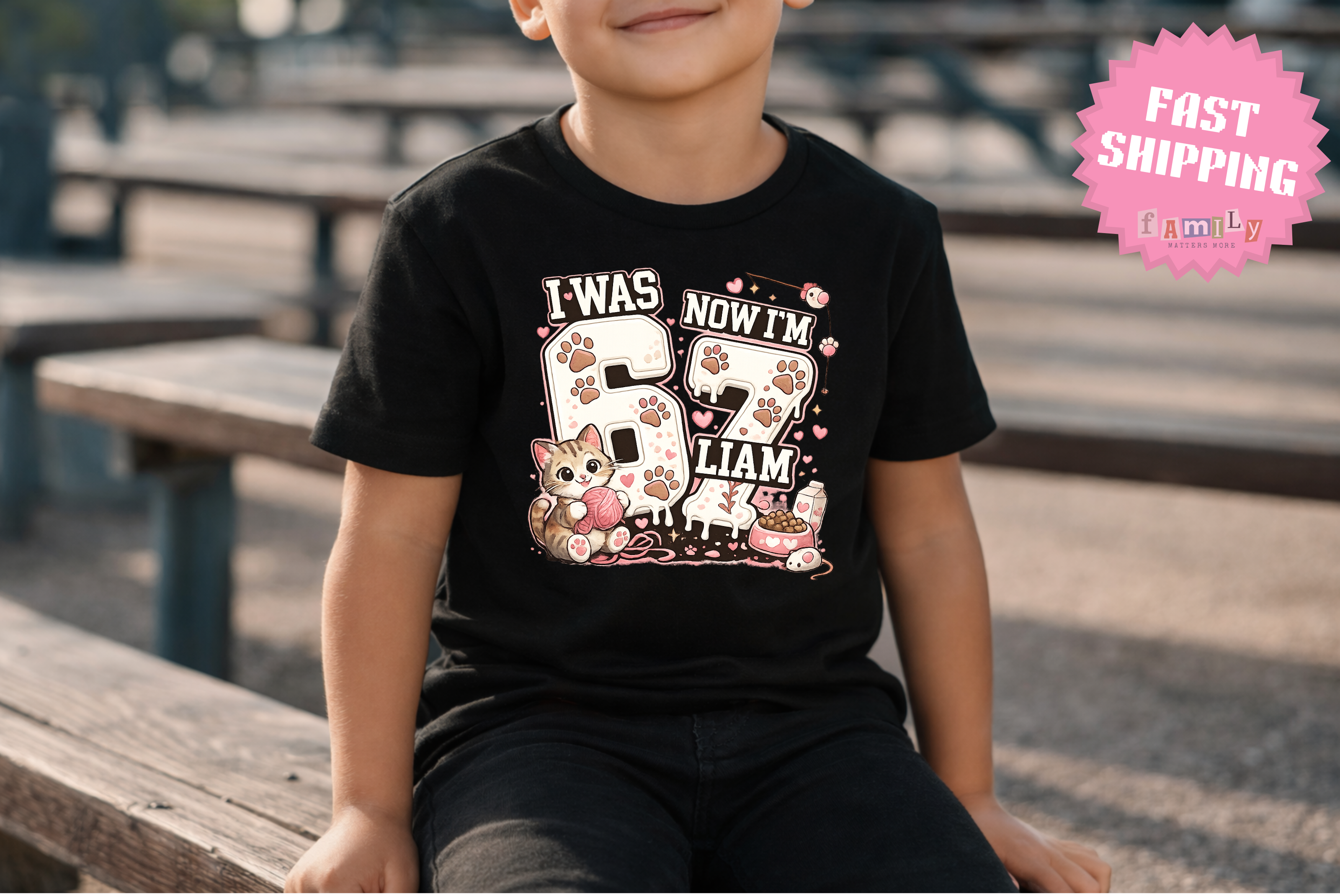 I Was 6 Now I’m 7 Cat lover Birthday Shirt, Personalized Name 7th Birthday Valentines Day Tee, Youth Kids Pet Party Gift, Custom Age