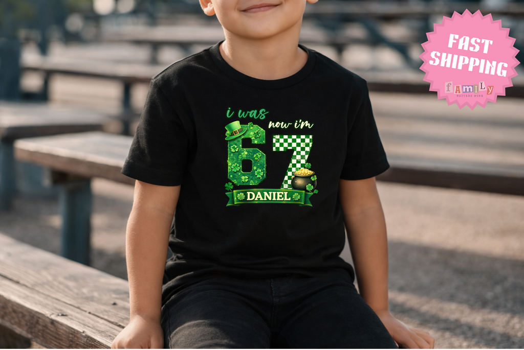 I Was 6 Now I’m 7 St. Patrick's Day Shirt, Personalized Name 7th Birthday Boy Tee, Youth Kids Sports Party Gift, Custom Age