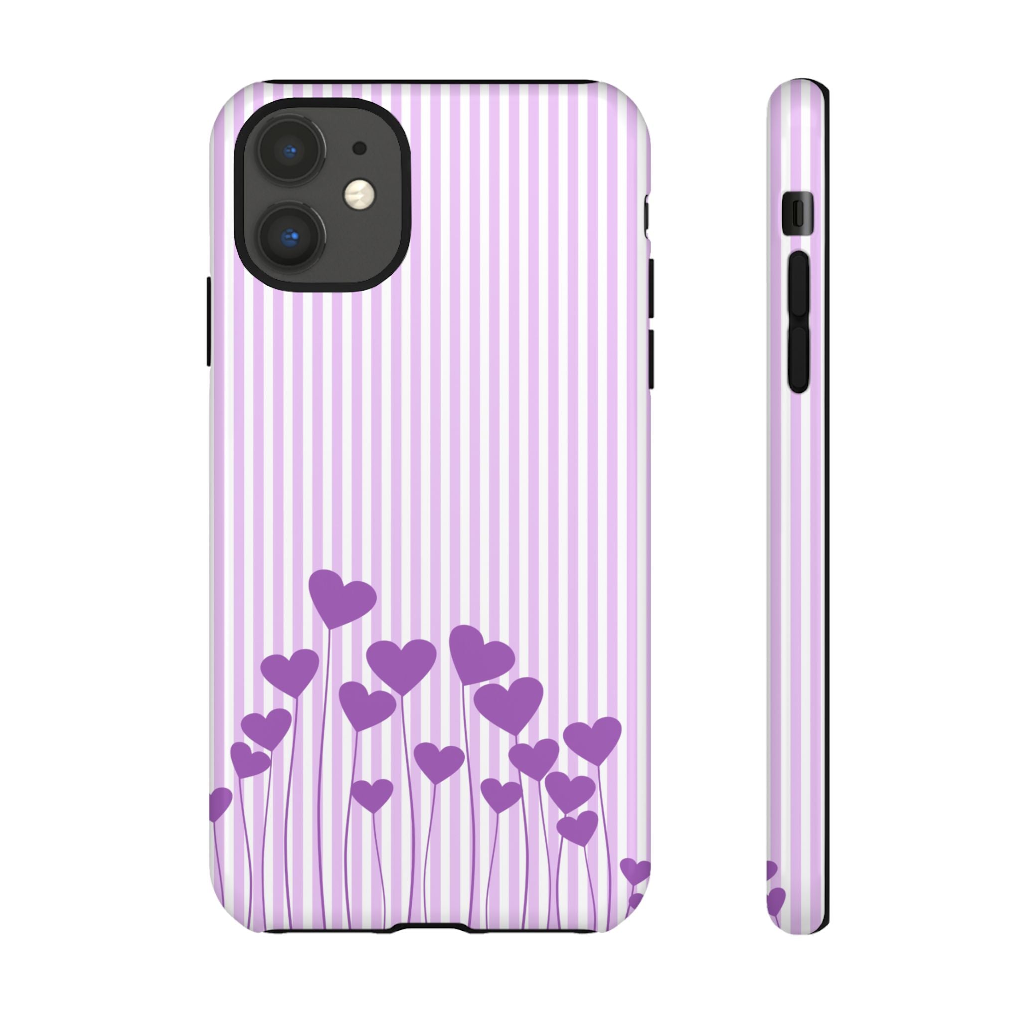 Galentines Day Striped hearts phone case, Purple Heart Floral Stripe Iphone case | Tough Cases - Iphone, Samsung and Pixel Mobile cases