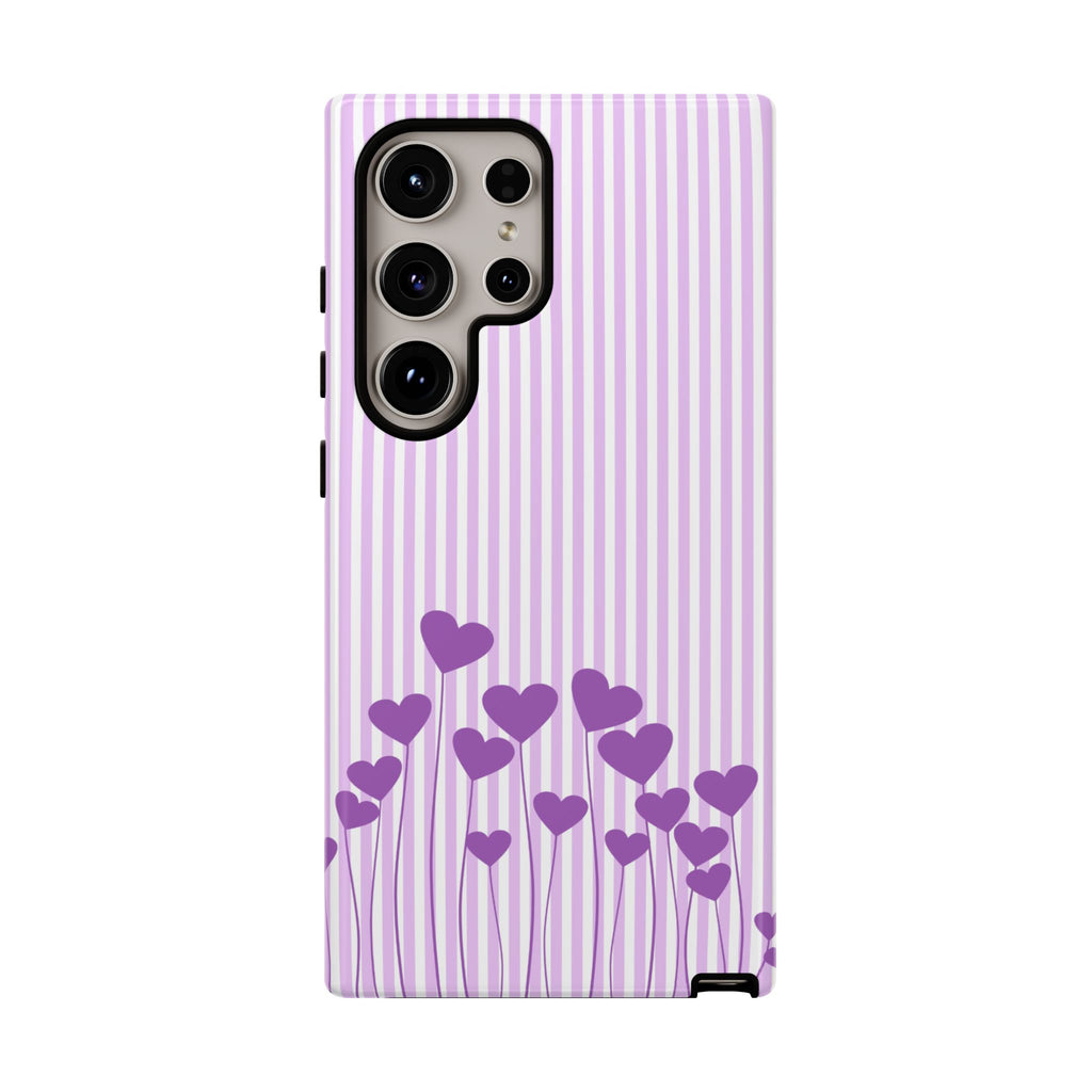 Galentines Day Striped hearts phone case, Purple Heart Floral Stripe Iphone case | Tough Cases - Iphone, Samsung and Pixel Mobile cases