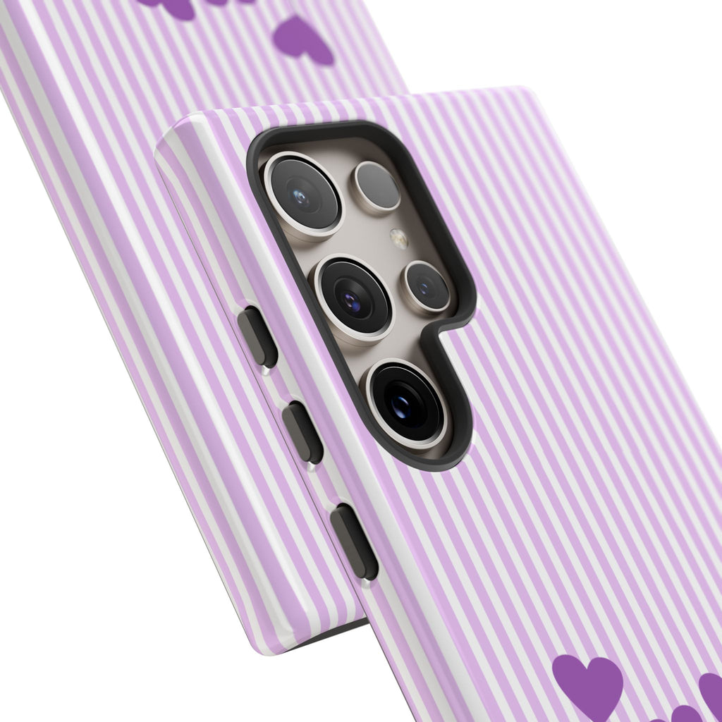 Galentines Day Striped hearts phone case, Purple Heart Floral Stripe Iphone case | Tough Cases - Iphone, Samsung and Pixel Mobile cases