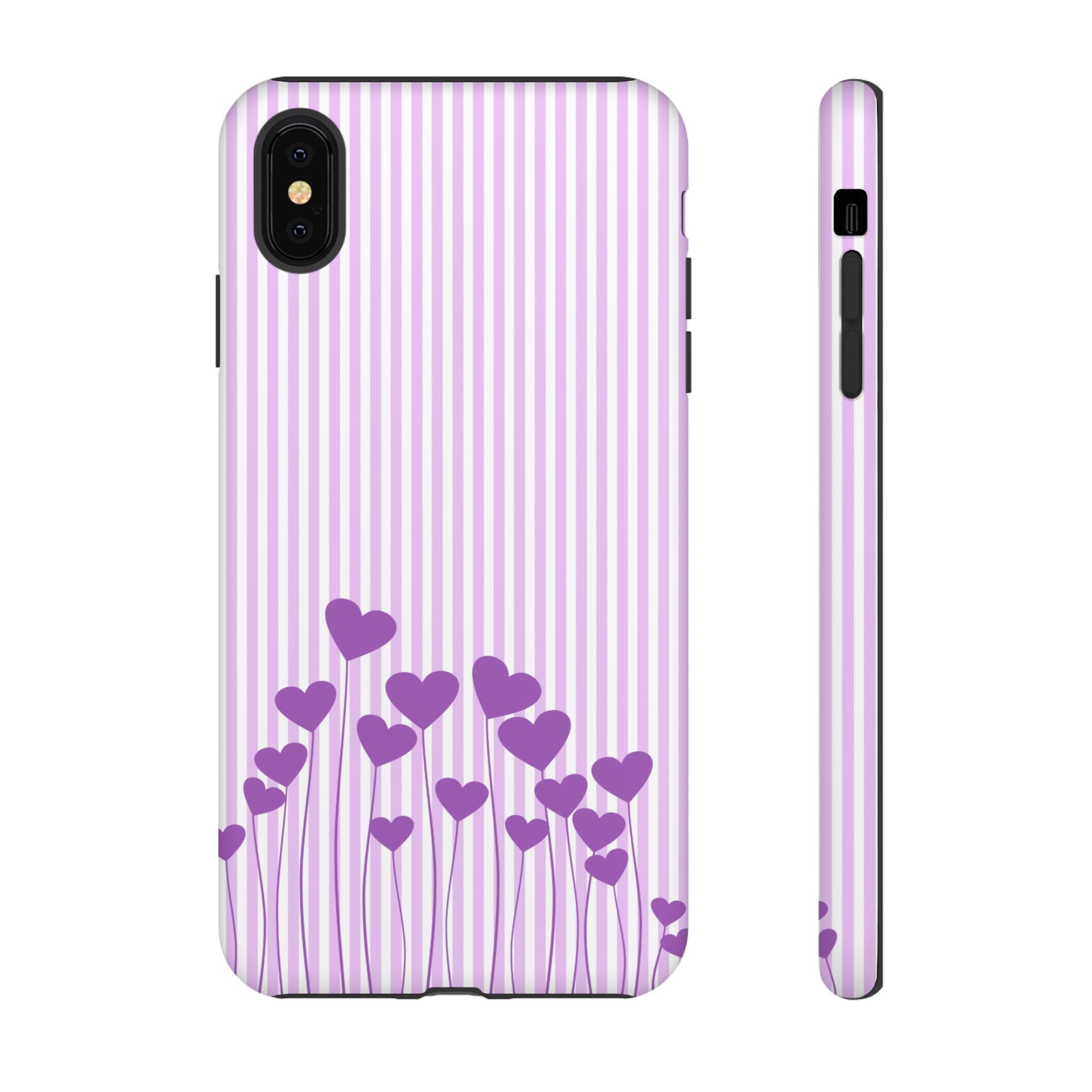 Galentines Day Striped hearts phone case, Purple Heart Floral Stripe Iphone case | Tough Cases - Iphone, Samsung and Pixel Mobile cases