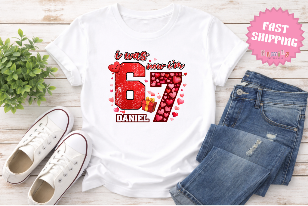 I Was 6 Now I’m 7 Valentines Birthday Shirt, Personalized Name 7th Birthday Valentines Day Tee, Matching Kids Tee, Galentines day gift