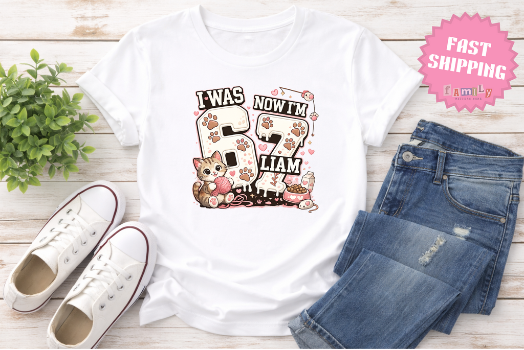 I Was 6 Now I’m 7 Cat lover Birthday Shirt, Personalized Name 7th Birthday Valentines Day Tee, Youth Kids Pet Party Gift, Custom Age