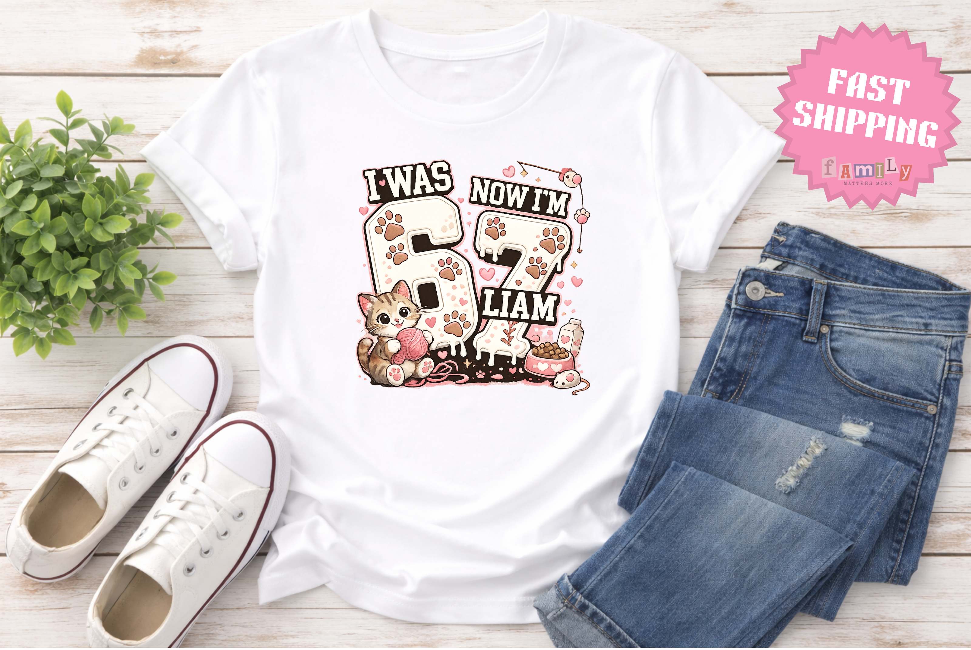 I Was 6 Now I’m 7 Cat lover Birthday Shirt, Personalized Name 7th Birthday Valentines Day Tee, Youth Kids Pet Party Gift, Custom Age