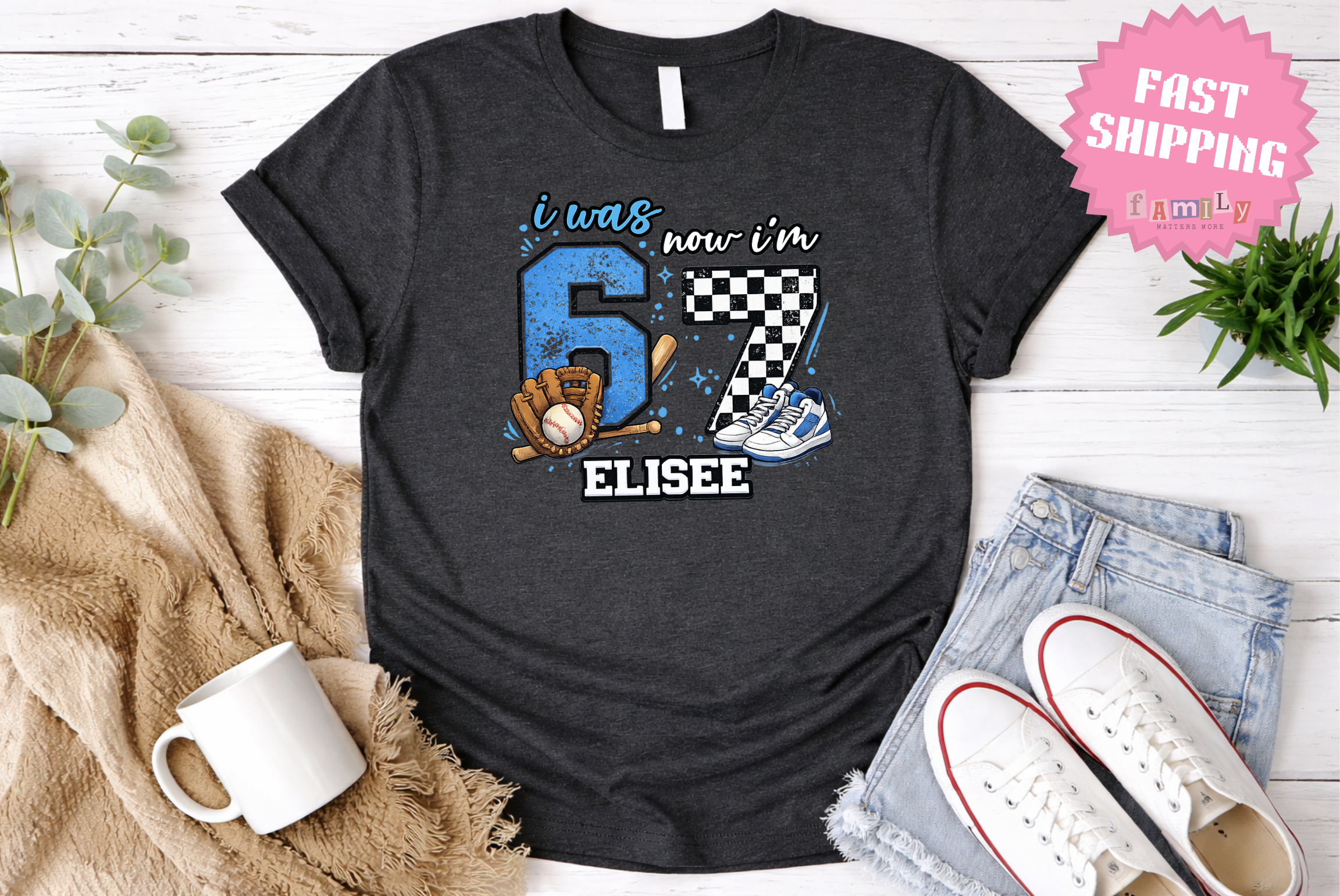 I Was 6 Now I’m 7 Baseball Birthday Shirt, Personalized Name 7th Birthday Boy Tee, Youth Sports custom name shirt, Custom Age