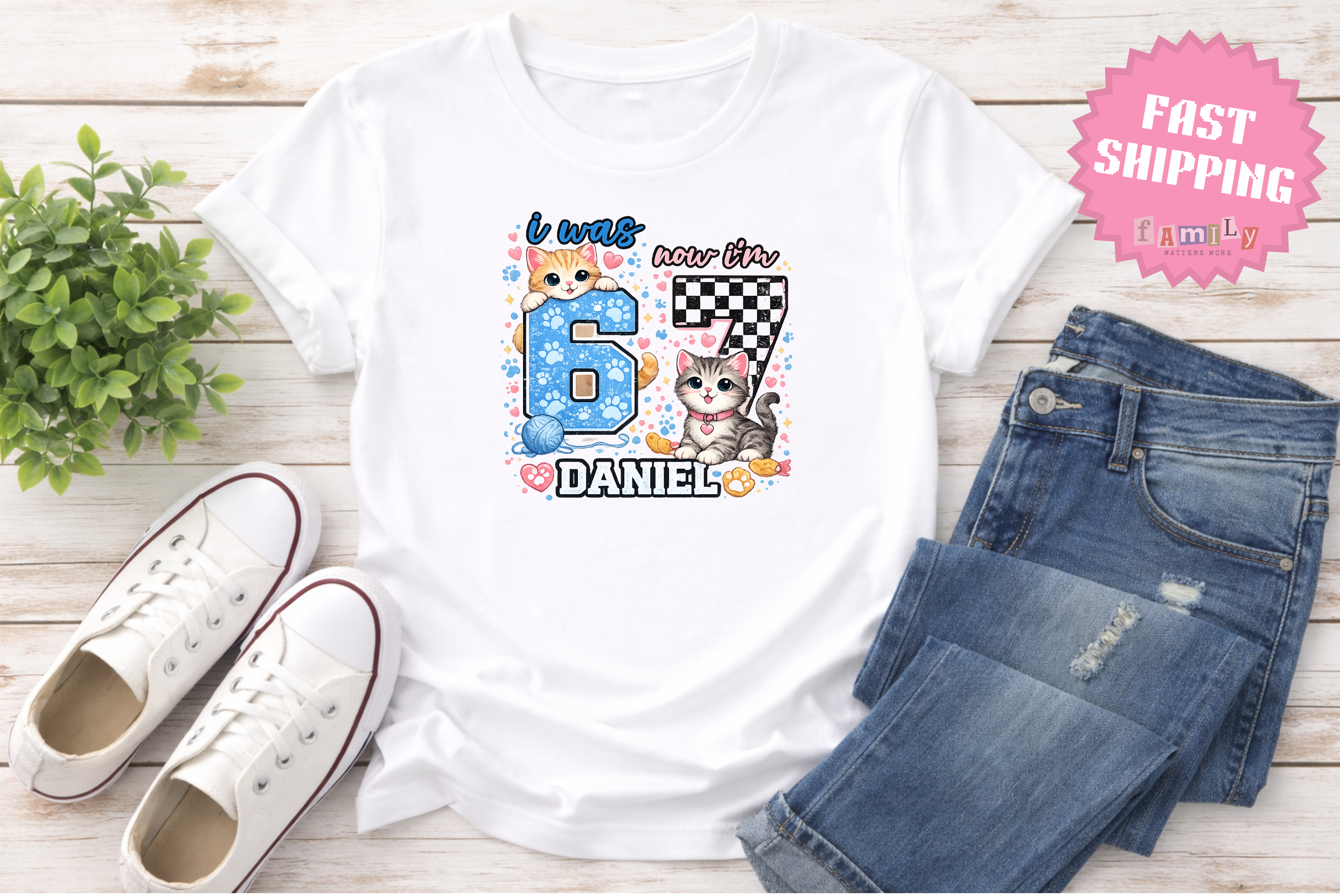 Personalized Funny 7th Birthday Kid Name Shirt, I Was 6 Now I’m 7 Kids Tee, 67 Shirt, 6 7 Birthday Boy, Gift For Cat Lovers, Six Seven Tee