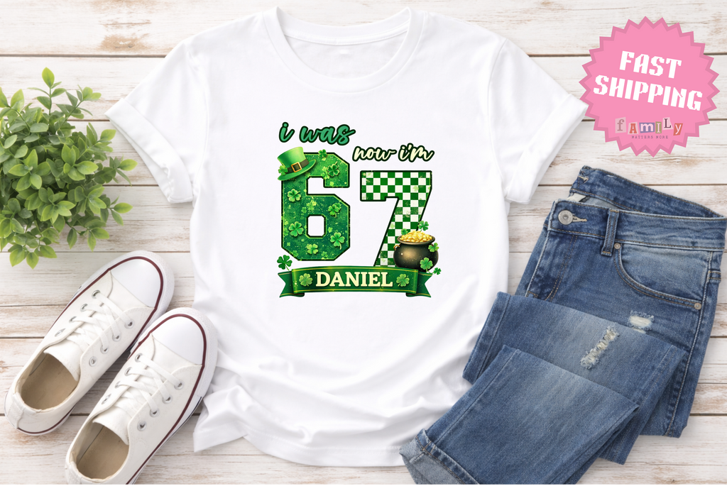 I Was 6 Now I’m 7 St. Patrick's Day Shirt, Personalized Name 7th Birthday Boy Tee, Youth Kids Sports Party Gift, Custom Age