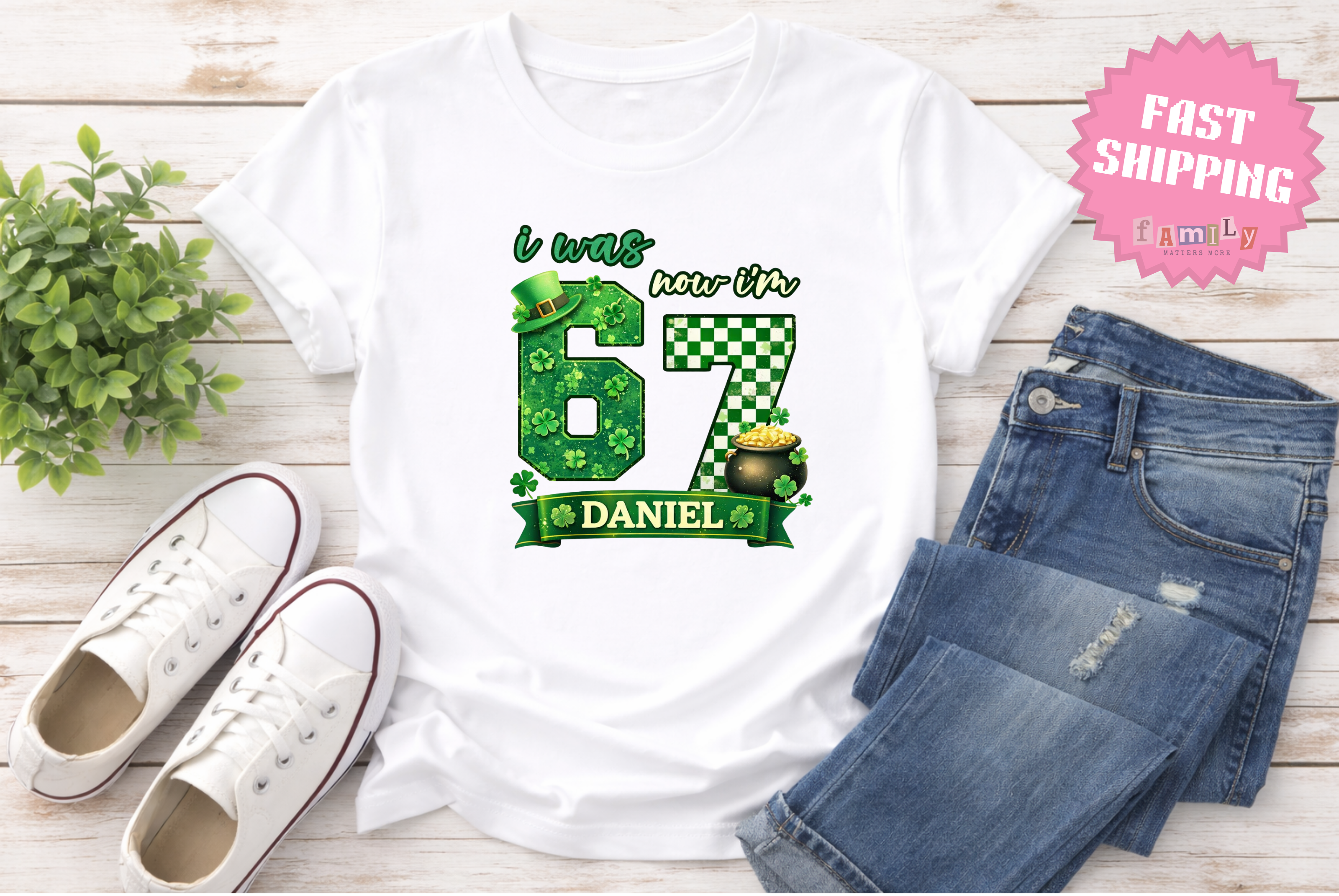 I Was 6 Now I’m 7 St. Patrick's Day Shirt, Personalized Name 7th Birthday Boy Tee, Youth Kids Sports Party Gift, Custom Age