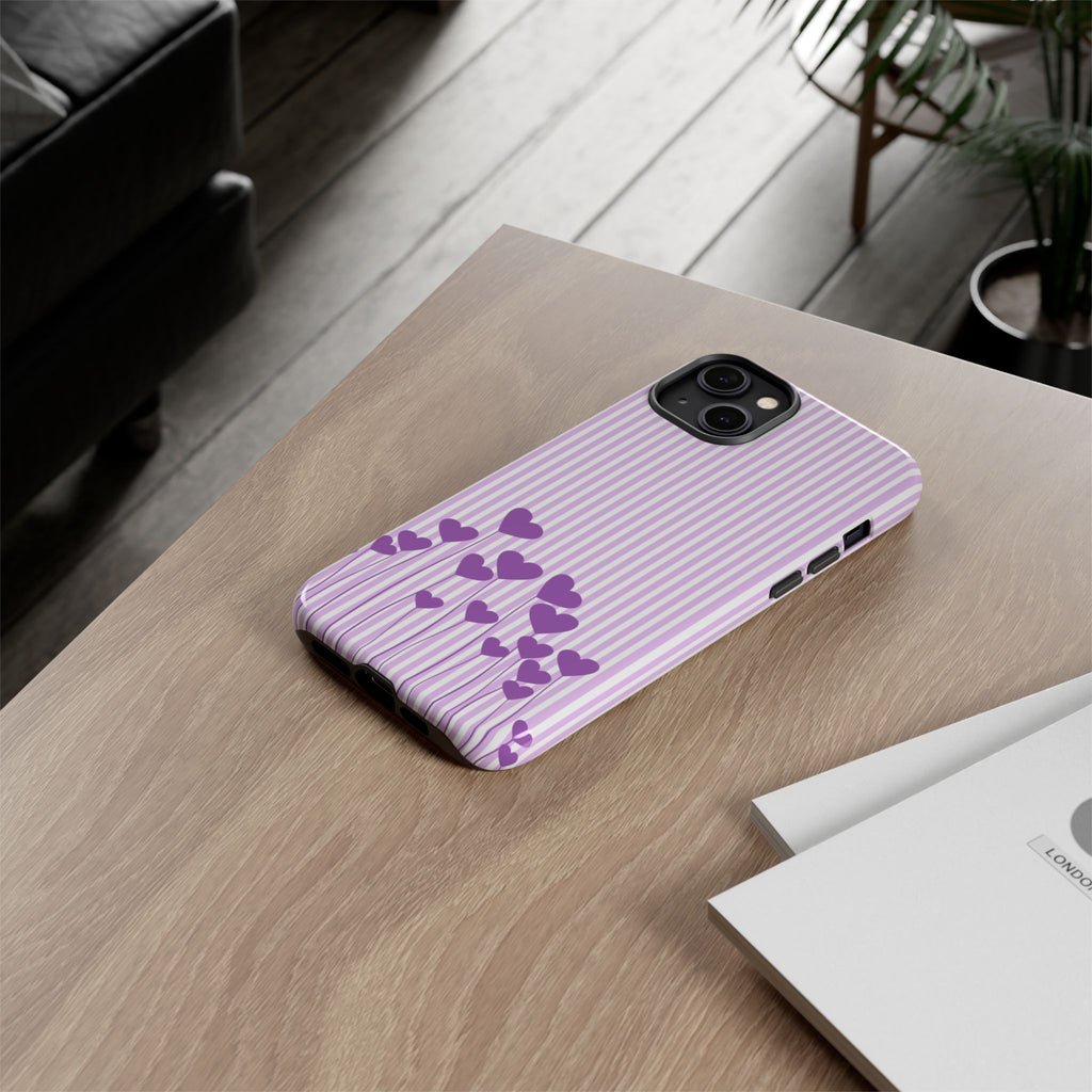 Galentines Day Striped hearts phone case, Purple Heart Floral Stripe Iphone case | Tough Cases - Iphone, Samsung and Pixel Mobile cases