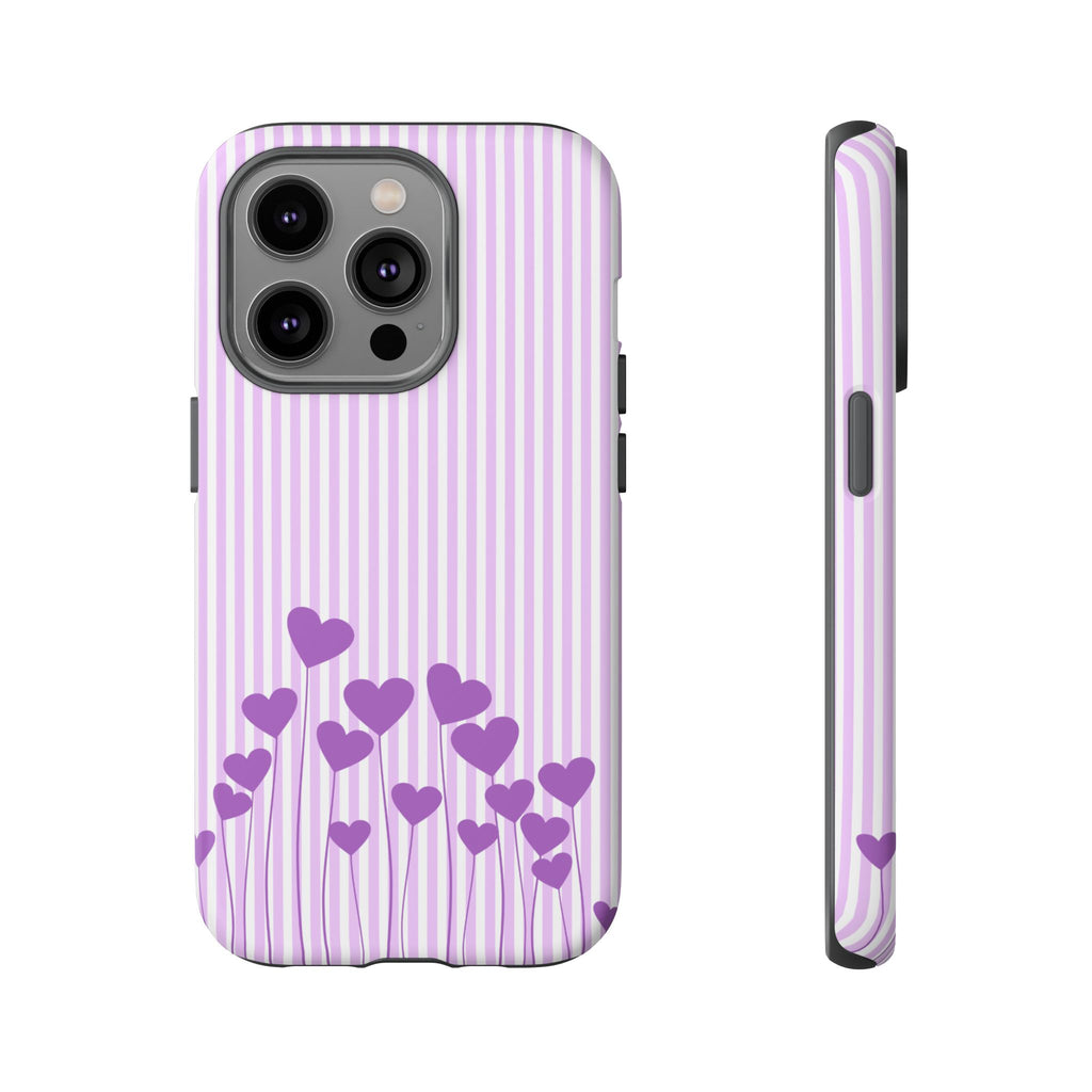 Galentines Day Striped hearts phone case, Purple Heart Floral Stripe Iphone case | Tough Cases - Iphone, Samsung and Pixel Mobile cases