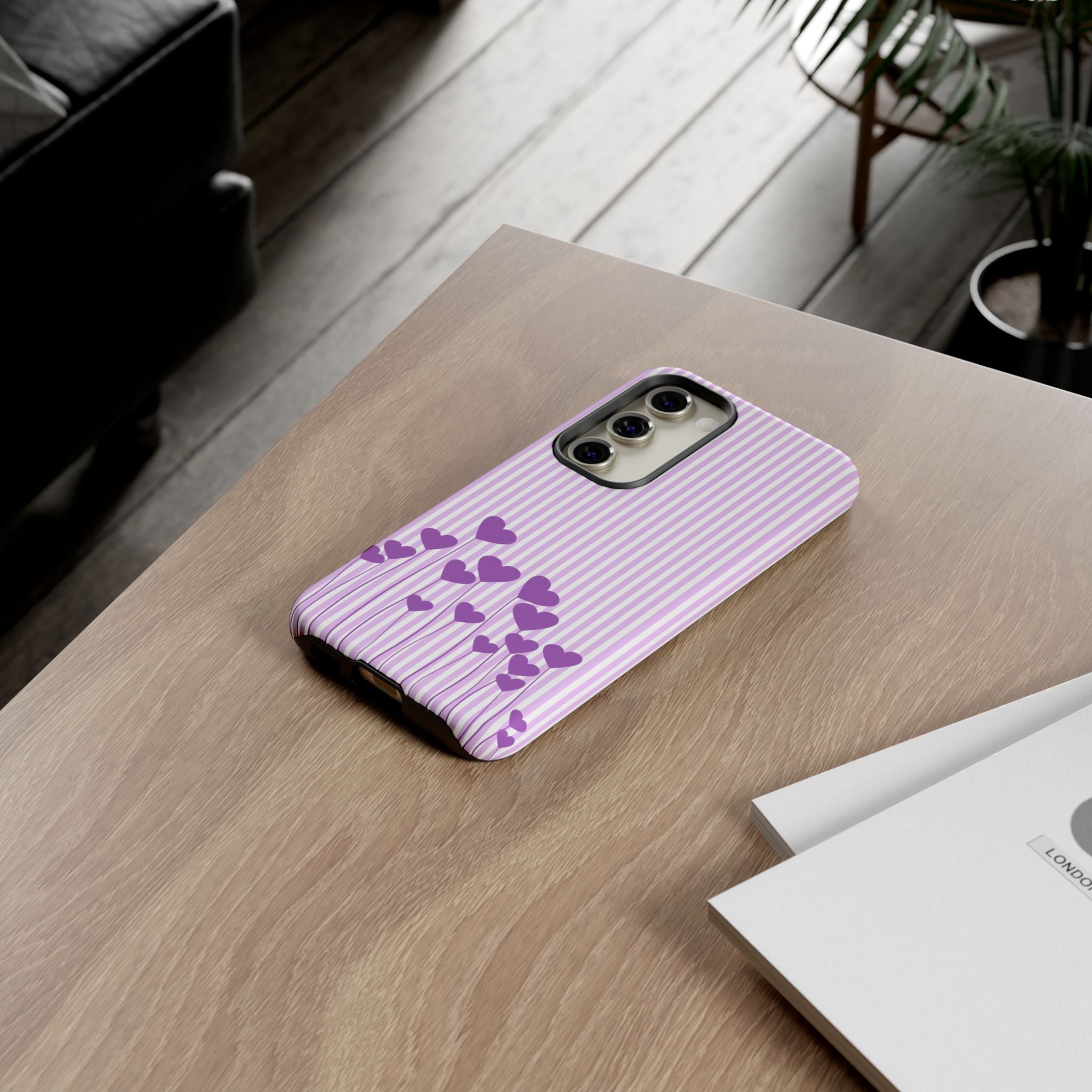 Galentines Day Striped hearts phone case, Purple Heart Floral Stripe Iphone case | Tough Cases - Iphone, Samsung and Pixel Mobile cases