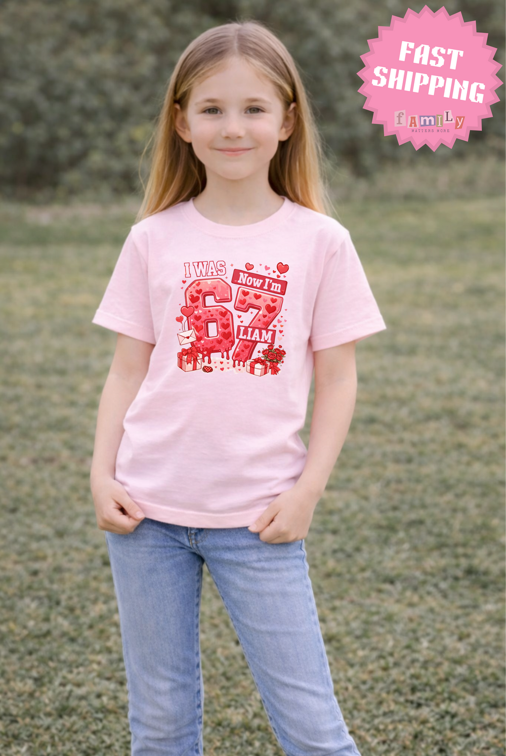 I Was 6 Now I’m 7 Valentines Birthday Shirt, Personalized Name 7th Birthday Valentines Day Tee, Matching Kids Tee, Galentines day gift