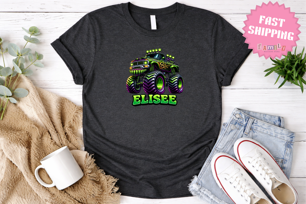 Custom Name Monster Truck Toddler T-Shirt, Personalized Boys Monster Truck Tee, Green and Purple Truck Kids Shirt, Custom Birthday Gift
