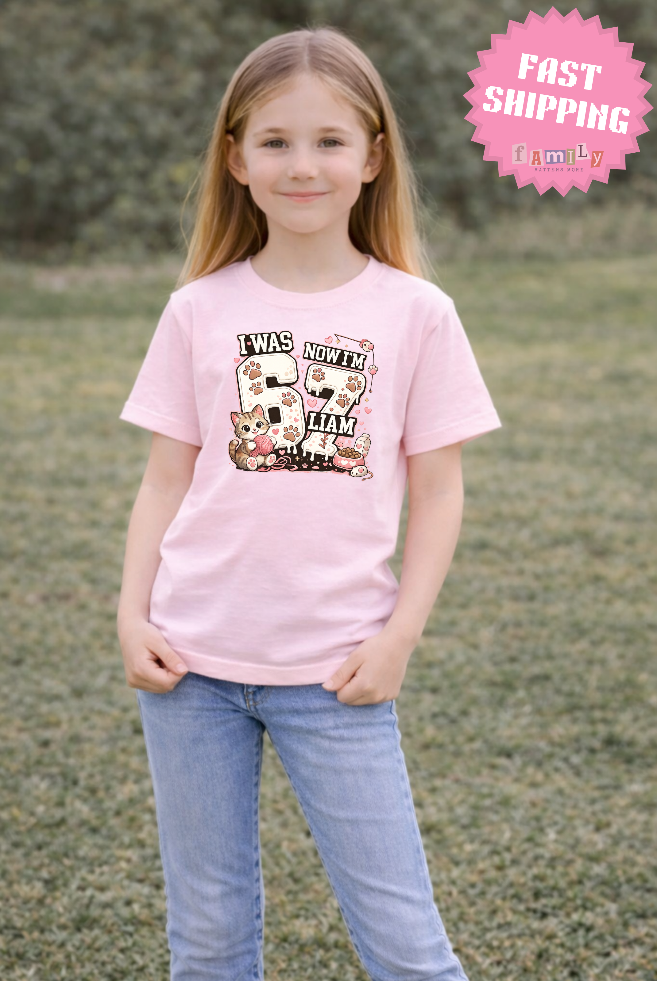I Was 6 Now I’m 7 Cat lover Birthday Shirt, Personalized Name 7th Birthday Valentines Day Tee, Youth Kids Pet Party Gift, Custom Age