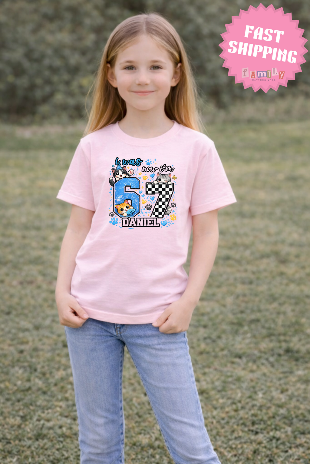 Personalized Funny 7th Birthday Kid Name Shirt, I Was 6 Now I’m 7 Kids Tee, 67 Shirt, 6 7 Birthday Boy, Gift For Cat Lovers, Six Seven Tee