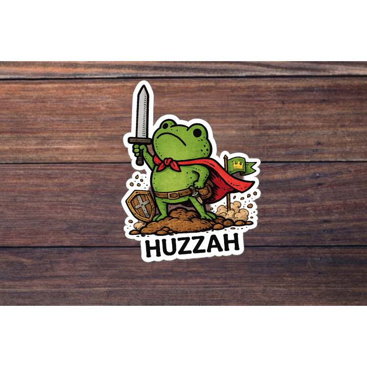 Huzzah Frog With Sword Sticker | Funny Medieval Frog Vinyl Decal | Fantasy Knight Humor | Cute Frog Sticker for Laptop Bottle