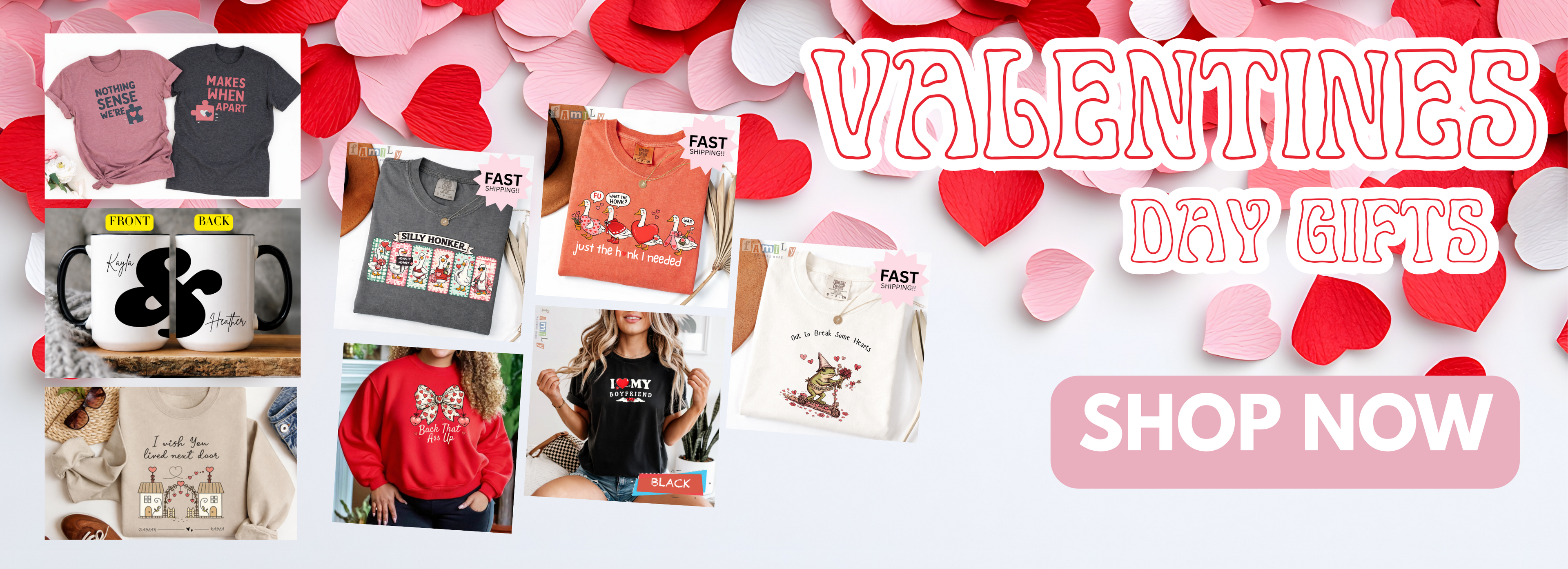 Valentine's Day gift items with t-shirts, hoodies, and mugs on a heart-themed background.
